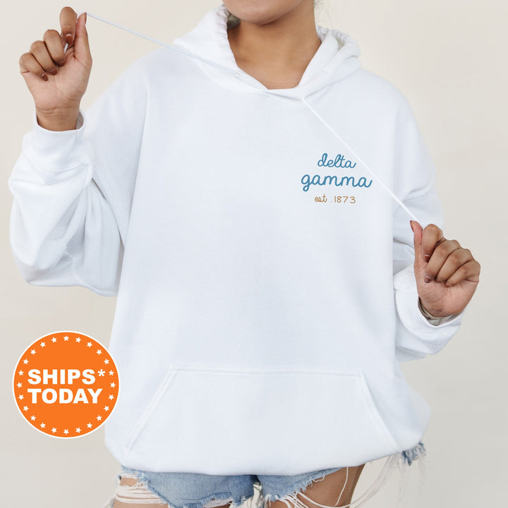 Delta Gamma Blue Cursive Sorority Sweatshirt | Dee Gee Sorority Crewneck | Left Pocket Print Sweatshirt | Big Little Reveal Gift _ 17800g