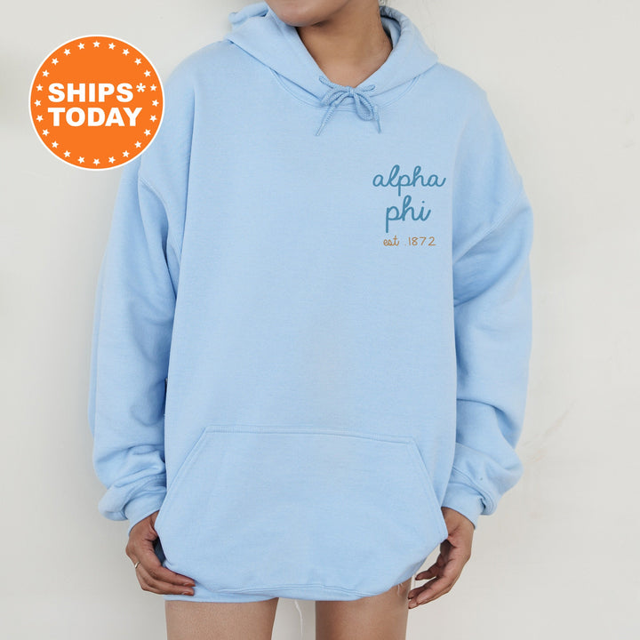 Alpha Phi Blue Cursive Sorority Sweatshirt | APHI Sorority Crewneck | Left Pocket Print Sweatshirt | Big Little Recruitment Gift _ 17794g
