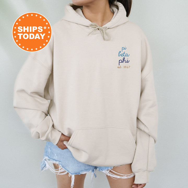 Pi Beta Phi Blue Cursive Sorority Sweatshirt | Pi Phi Sorority Crewneck | Left Pocket Print Sweatshirt | Big Little Reveal Gift _ 17809g