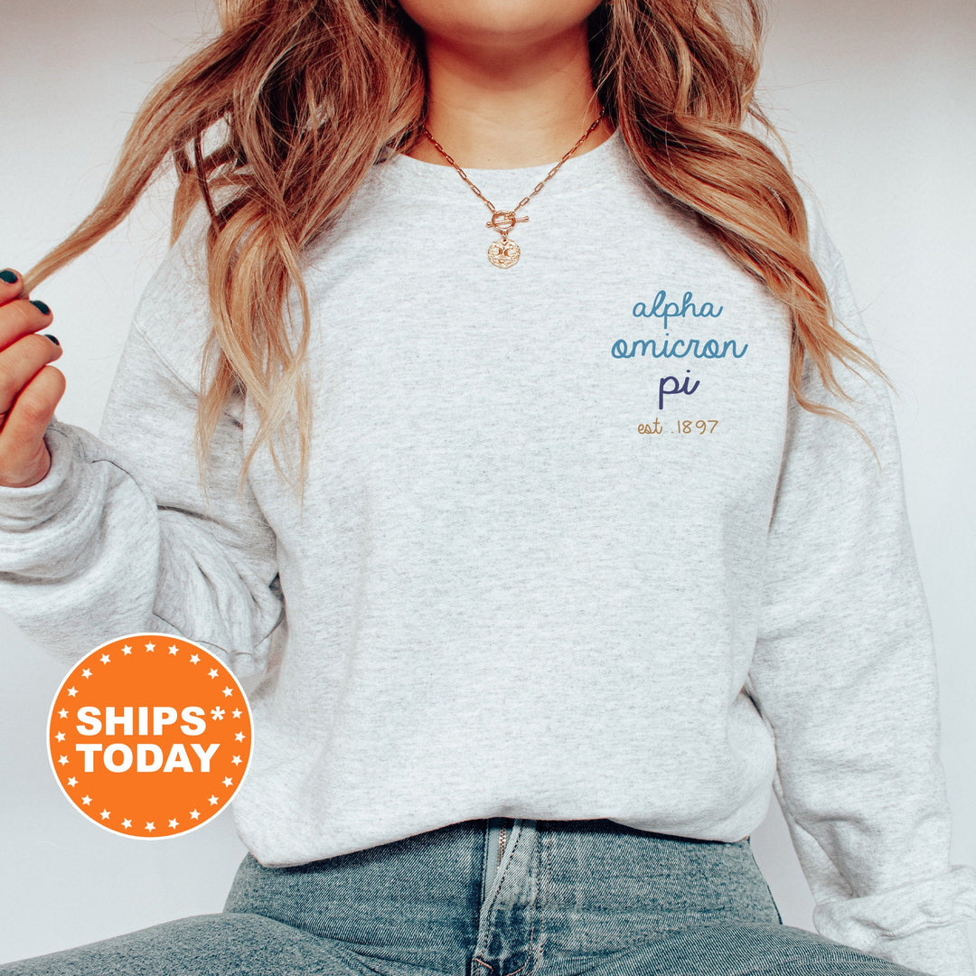 Alpha Omicron Pi Blue Cursive Sorority Sweatshirt | Alpha O Sorority Crewneck | AOPI Left Pocket Print Sweatshirt | Big Little Gift _ 17793g