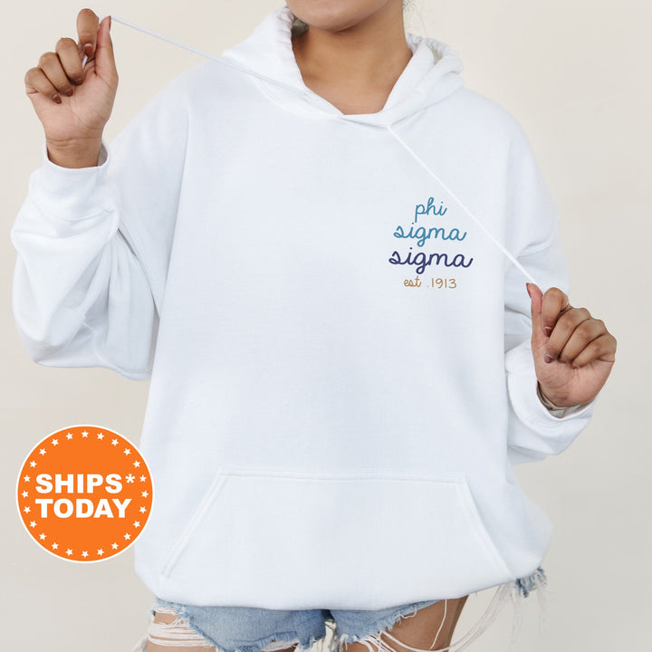 Phi Sigma Sigma Blue Cursive Sorority Sweatshirt | Phi Sig Sorority Crewneck | Left Pocket Print Sweatshirt | Big Little Gift _ 17808g