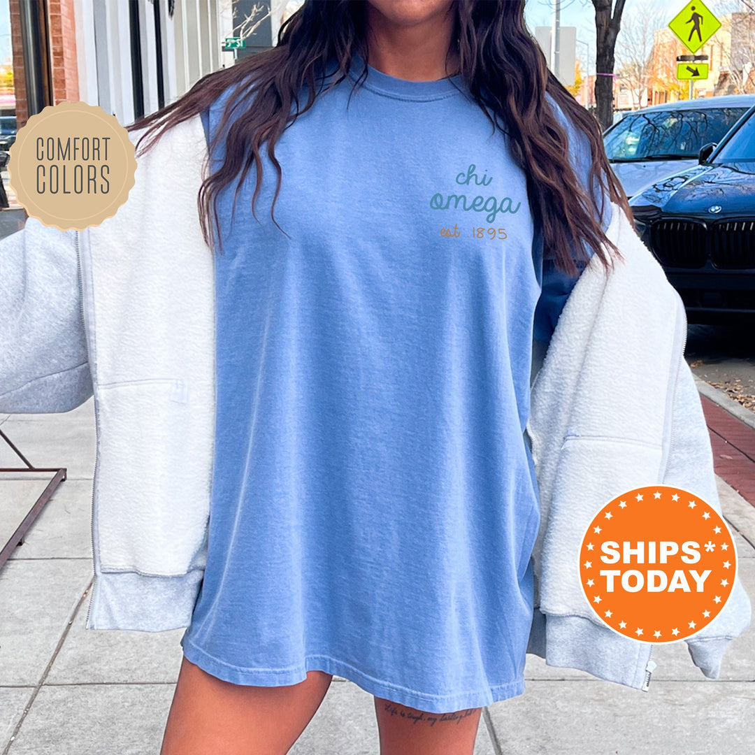 Chi Omega Blue Cursive Sorority T-Shirt | Chi O Comfort Colors Shirt | Left Pocket Graphic Tee | Big Little Reveal | Sorority Gift _ 17798g