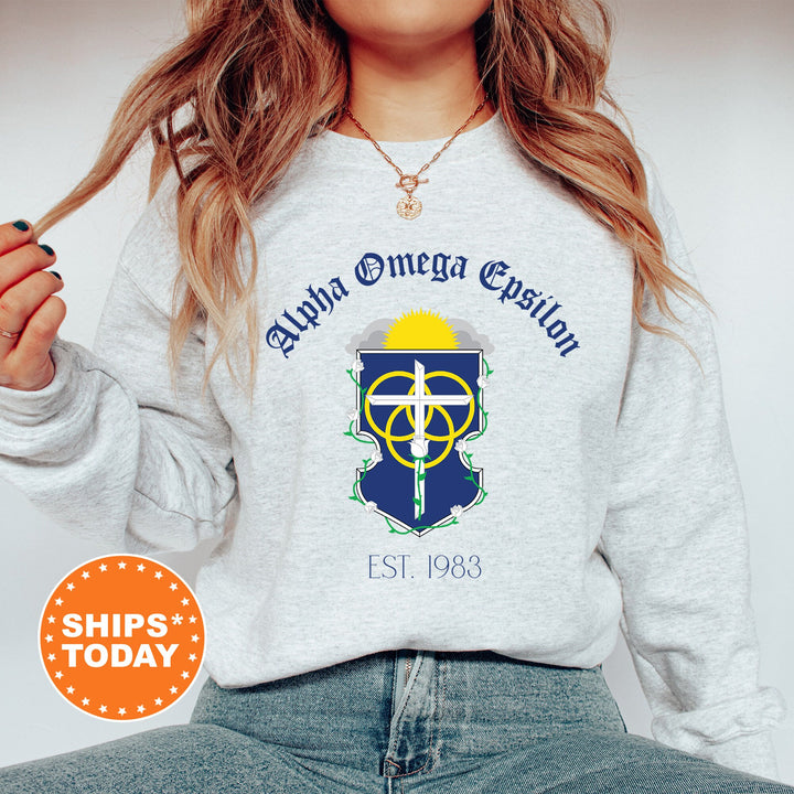 Alpha Omega Epsilon Royal Crest Sorority Sweatshirt | Alpha Omega Epsilon Sweatshirt | Sorority Crewneck | Greek Life Apparel