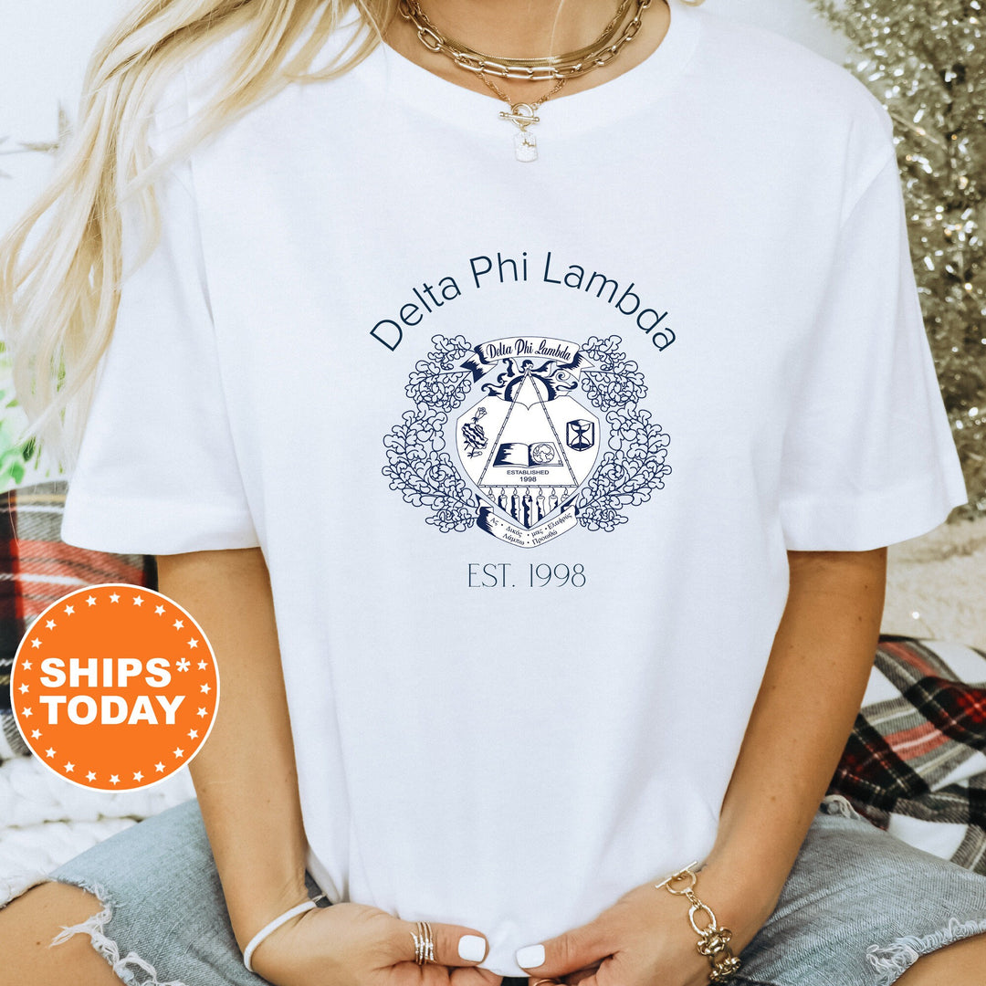 Delta Phi Lambda Royal Crest Sorority T-Shirt | Delta Phi Lambda Shirt | Comfort Colors Tee | Sorority Gift | Greek Life Shirt _ 14845g