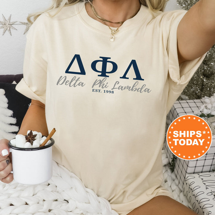 Delta Phi Lambda Script Sisters Sorority T-Shirt | Delta Phi Lambda Greek Letters Shirt | Comfort Colors Tee | Sorority Merch _ 14820g