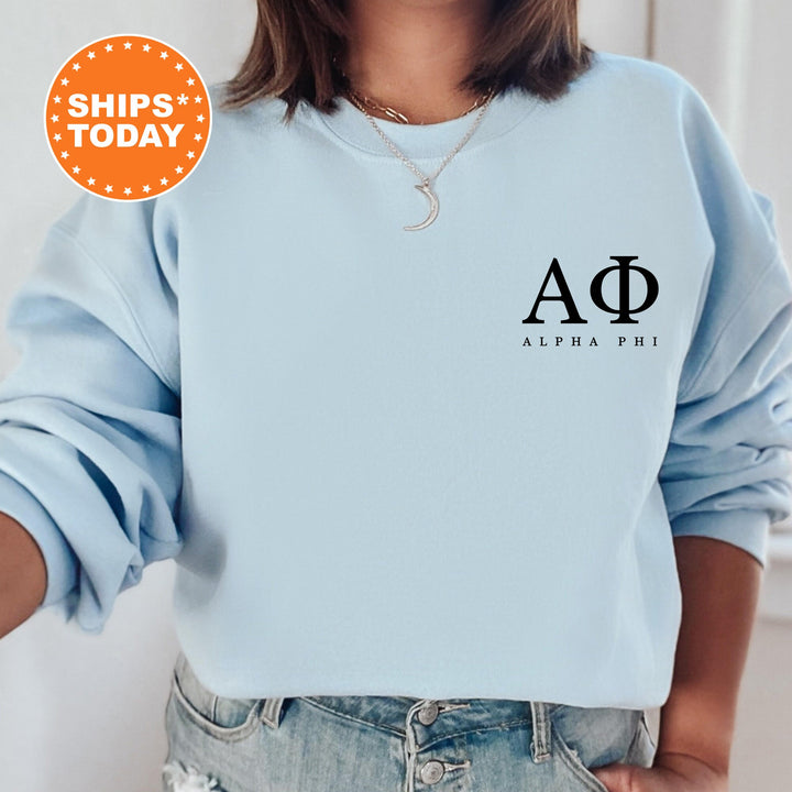 Alpha Phi Black Letters Left Chest Design Sorority Sweatshirt | APHI Crewneck Sweatshirt | Sorority Letters | Greek Letters Sweatshirt