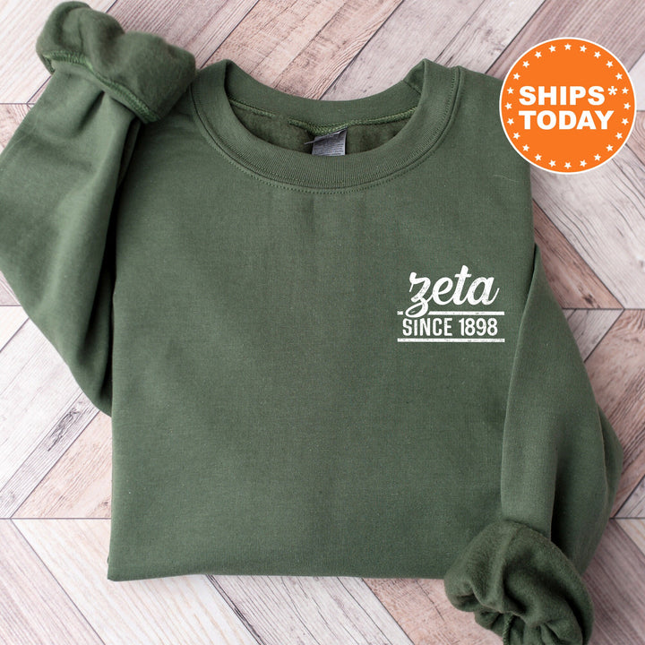 Zeta Tau Alpha Fancy Year Sorority Sweatshirt | ZETA Sorority Crewneck | Left Pocket Print Sweatshirt | College Greek Apparel _ 17437g