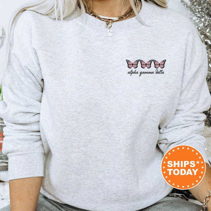 Alpha Gamma Delta Mini Butterfly Sorority Sweatshirt | Alpha Gam Left Chest Graphic Sweatshirt | Big Little Reveal Sorority Hoodie