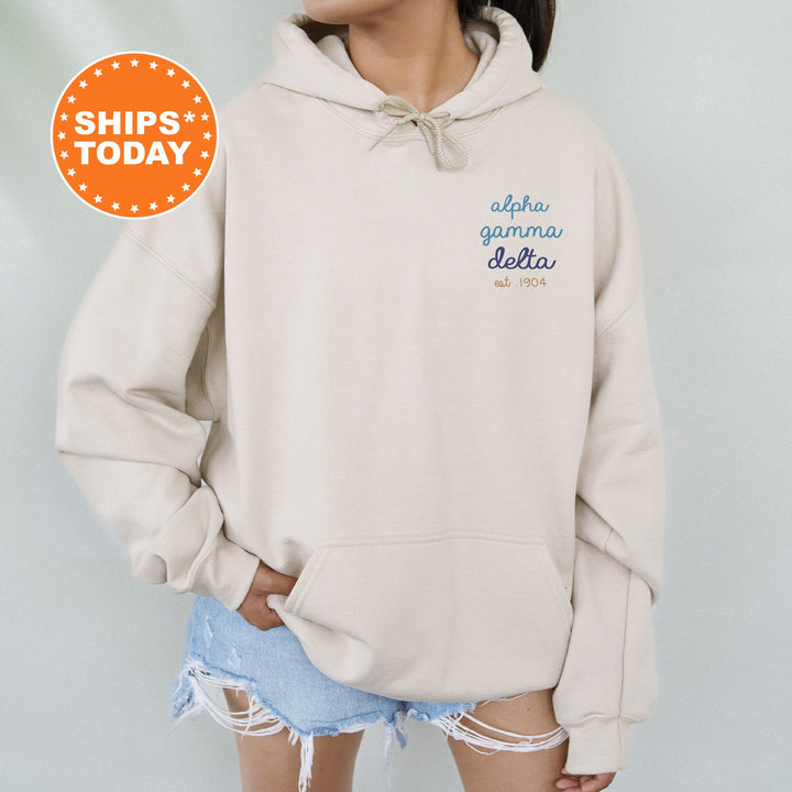 Alpha Gamma Delta Blue Cursive Sorority Sweatshirt | Alpha Gam Sorority Crewneck | Left Pocket Print Sweatshirt | Big Little Gift _ 17792g