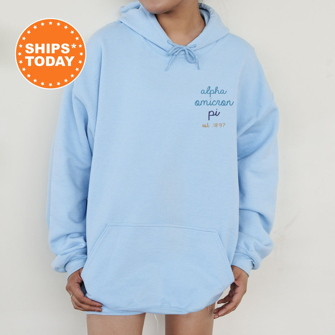 Alpha Omicron Pi Blue Cursive Sorority Sweatshirt | Alpha O Sorority Crewneck | AOPI Left Pocket Print Sweatshirt | Big Little Gift _ 17793g