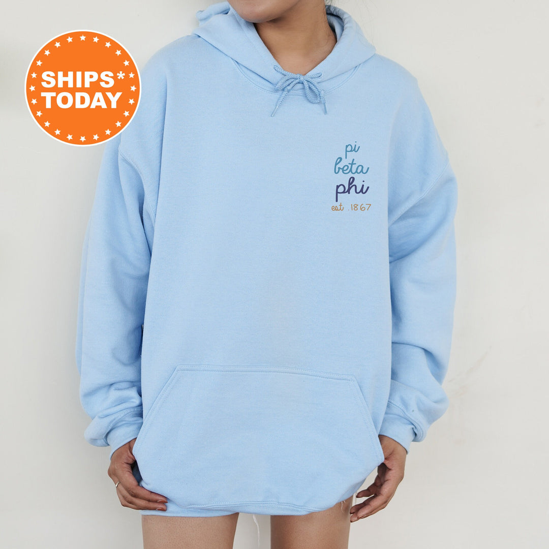 Pi Beta Phi Blue Cursive Sorority Sweatshirt | Pi Phi Sorority Crewneck | Left Pocket Print Sweatshirt | Big Little Reveal Gift _ 17809g