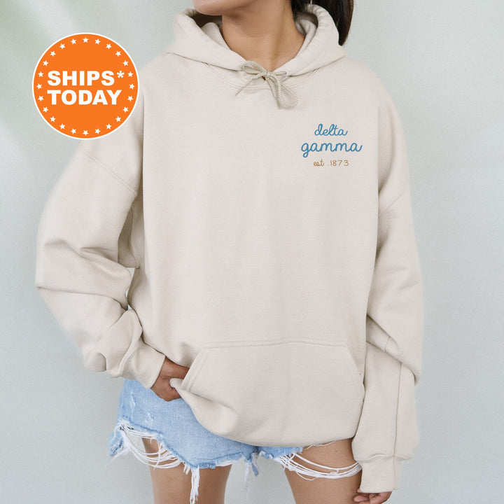 Delta Gamma Blue Cursive Sorority Sweatshirt | Dee Gee Sorority Crewneck | Left Pocket Print Sweatshirt | Big Little Reveal Gift _ 17800g