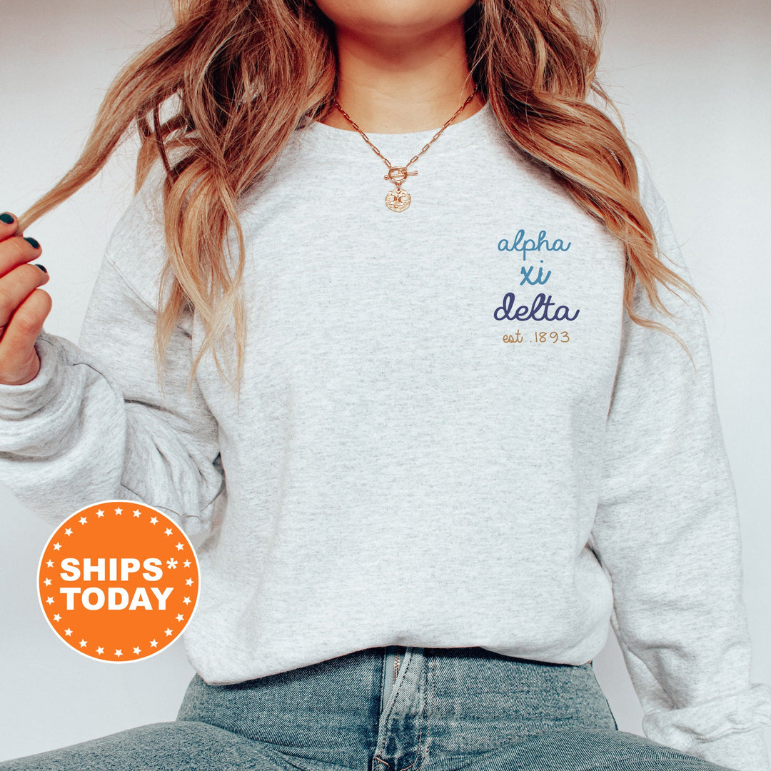 Alpha Xi Delta Blue Cursive Sorority Sweatshirt | AXID Sorority Crewneck | Alpha Xi Left Pocket Print Sweatshirt | Big Little Gift _ 17797g