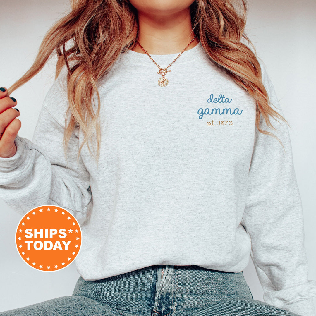 Delta Gamma Blue Cursive Sorority Sweatshirt | Dee Gee Sorority Crewneck | Left Pocket Print Sweatshirt | Big Little Reveal Gift _ 17800g