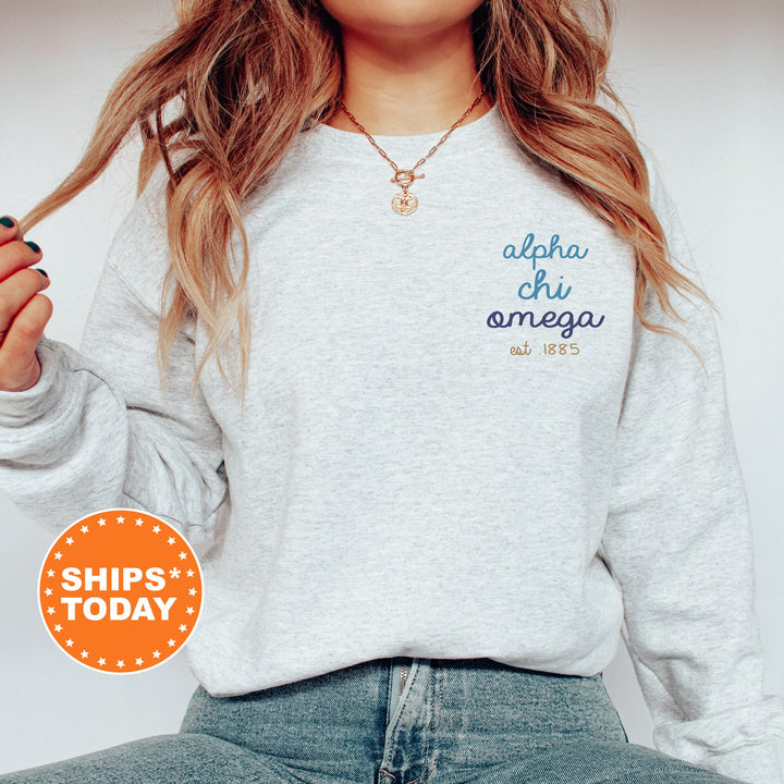 Alpha Chi Omega Blue Cursive Sorority Sweatshirt | Alpha Chi Sorority Crewneck | Left Pocket Print Sweatshirt | Big Little Gift _ 17789g