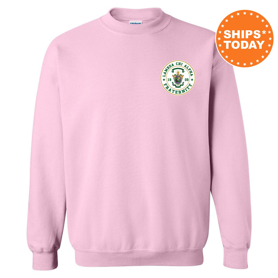 Lambda Chi Alpha Brotherhood Crest Fraternity Sweatshirt | Lambda Chi Left Pocket Sweatshirt | Greek Apparel | College Crewneck _ 17915g