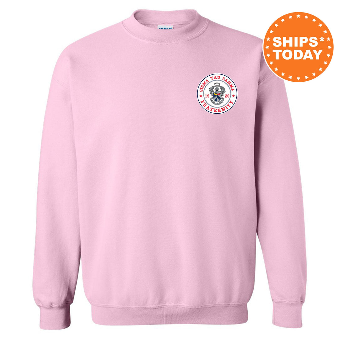 Sigma Tau Gamma Brotherhood Crest Fraternity Sweatshirt | Sig Tau Left Chest Design Sweatshirt | Greek Apparel | College Crewneck _ 17929g