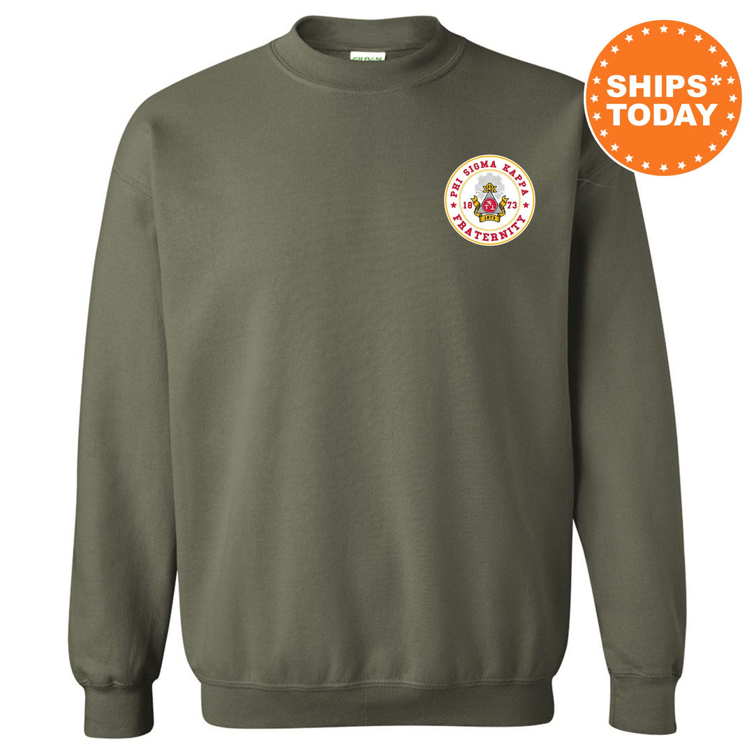 Phi Sigma Kappa Brotherhood Crest Fraternity Sweatshirt | Phi Sig Left Chest Design Sweatshirt | Greek Apparel | College Crewneck _ 17920g
