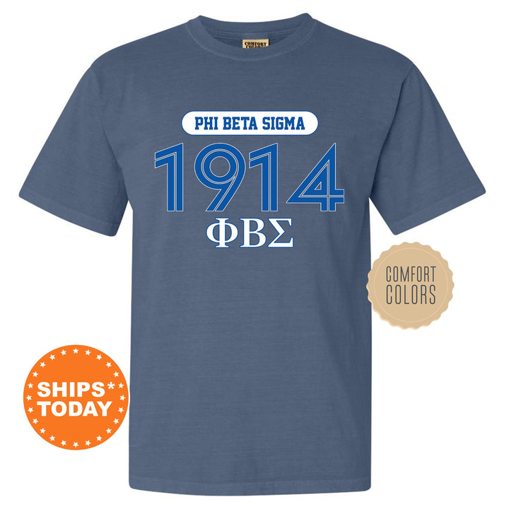 a blue phi delta shirt with the phi delta on it