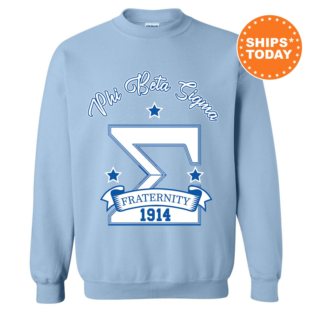 a light blue sweatshirt with a white arrow and stars on it