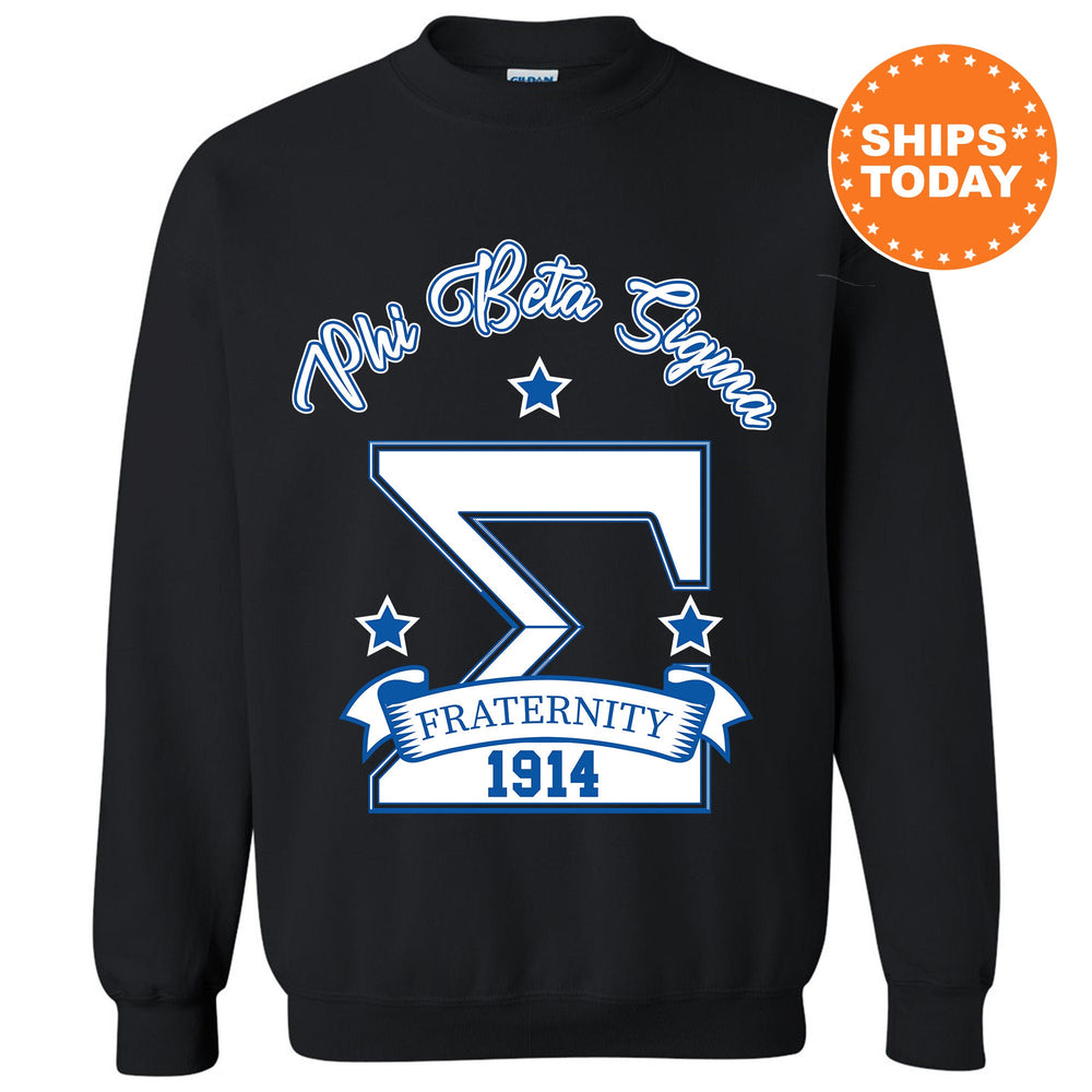 a black sweatshirt with a blue and white logo