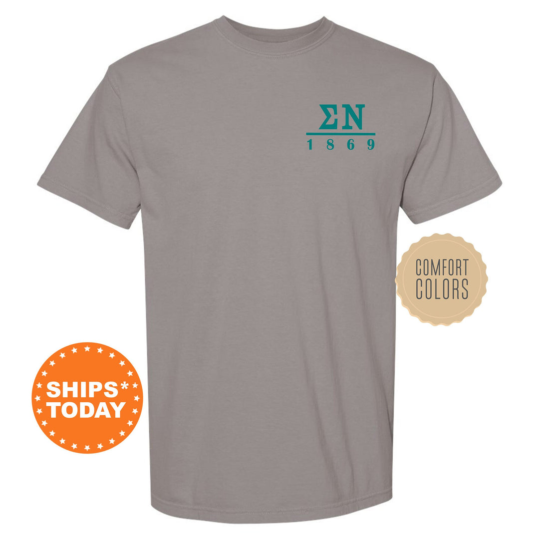 a gray t - shirt with a green and blue logo