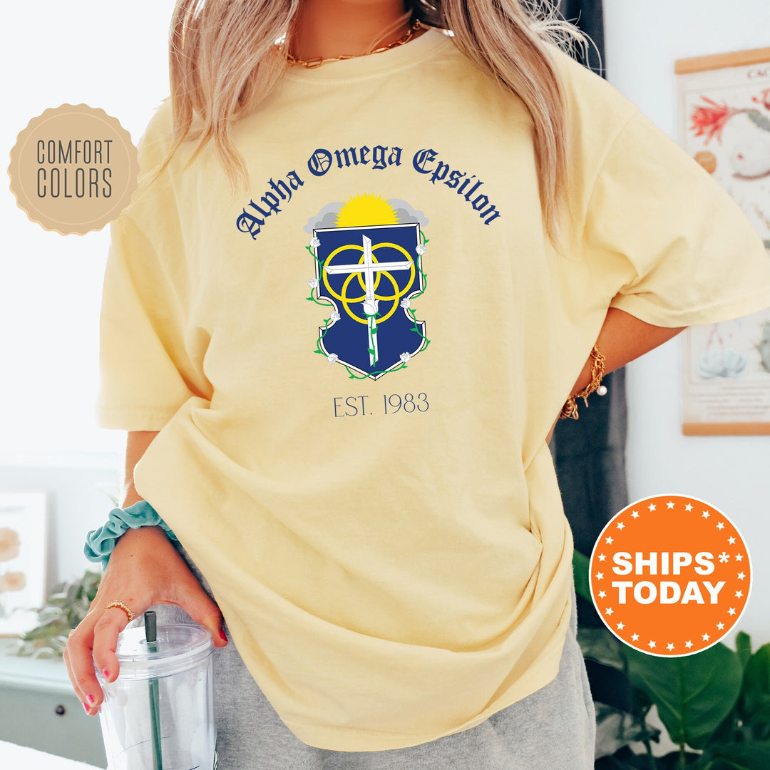 Alpha Omega Epsilon Royal Crest Sorority T-Shirt | Alpha Omega Epsilon Shirt | Comfort Colors Tee | Sorority Gift | Greek Life _ 14843g