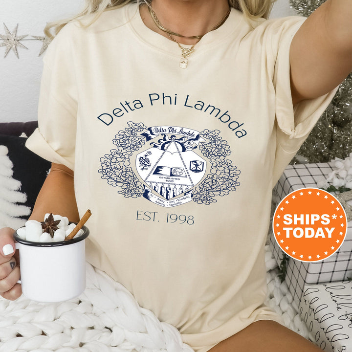 Delta Phi Lambda Royal Crest Sorority T-Shirt | Delta Phi Lambda Shirt | Comfort Colors Tee | Sorority Gift | Greek Life Shirt _ 14845g