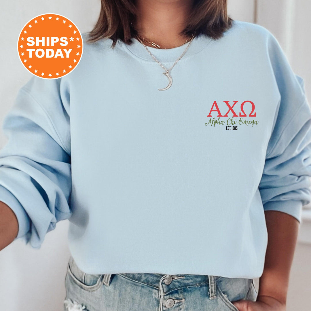 a woman wearing a blue sweatshirt with a pink axo embroidered on it