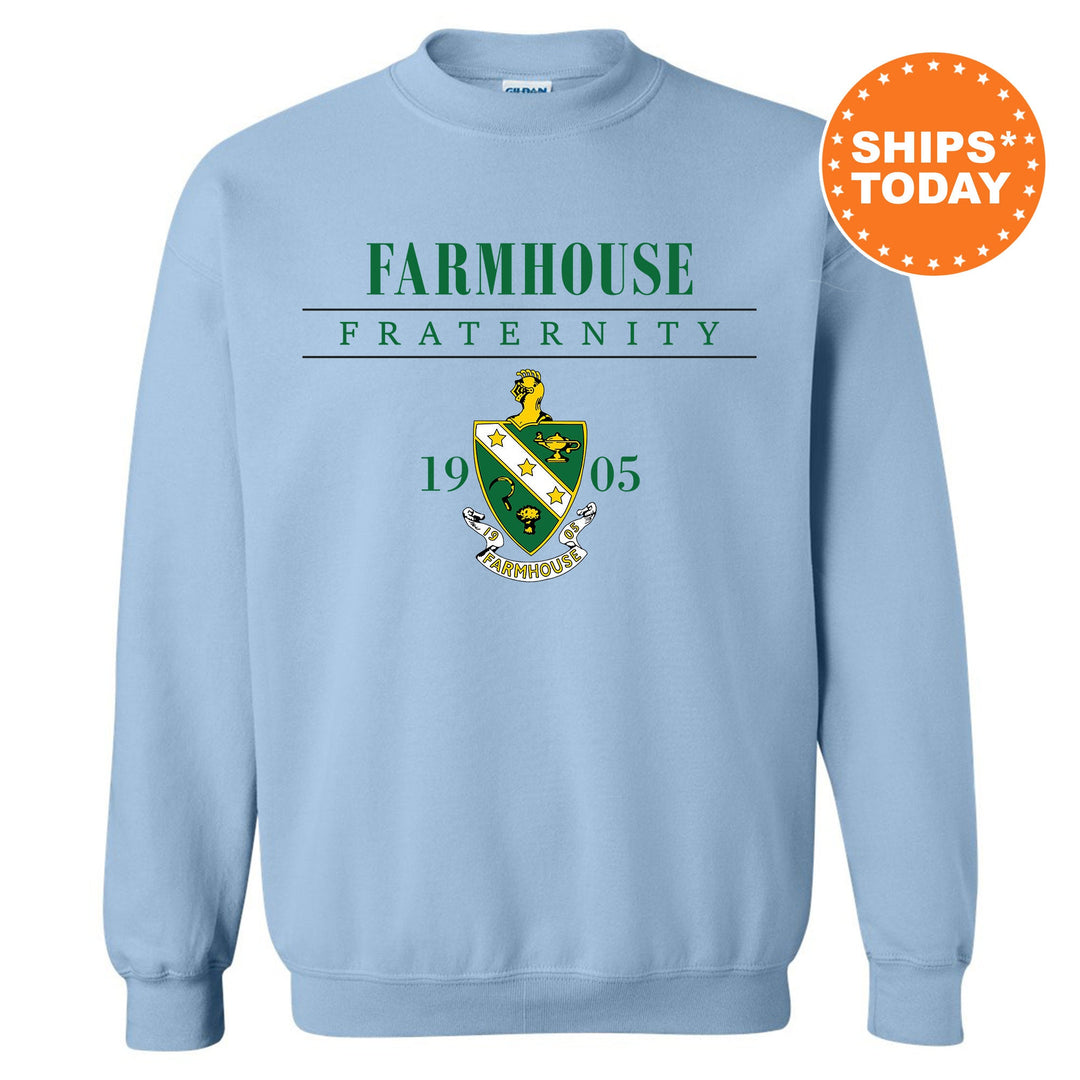 a light blue sweatshirt with the words farmhousee fraternity on it