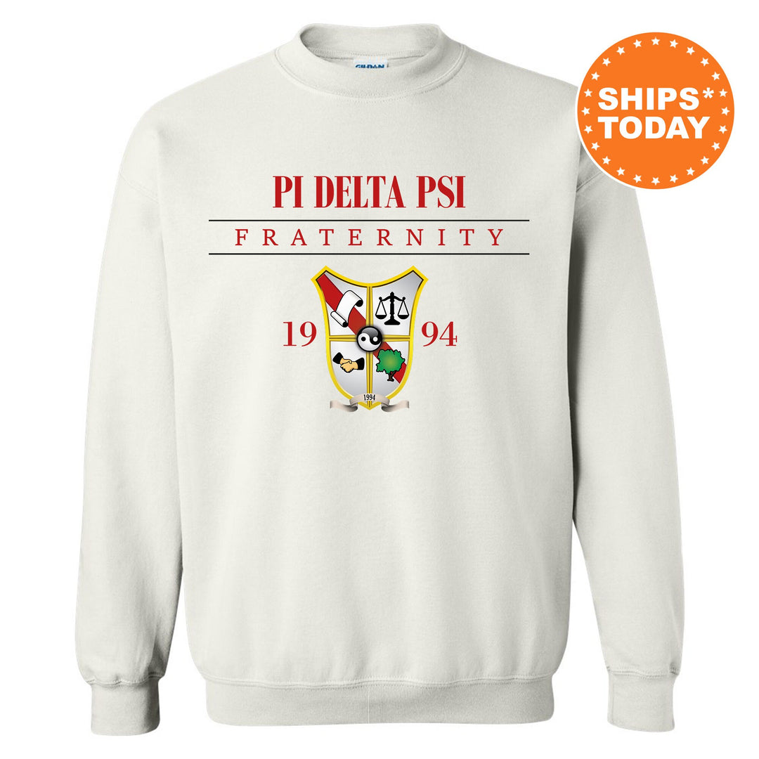 a white sweatshirt with the pi delta pi fraternity on it