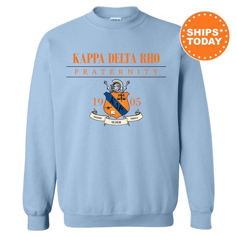 a light blue sweatshirt with the words kapa delta rho fraternity on it