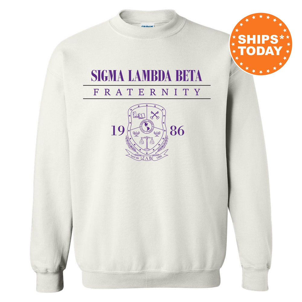 a white sweatshirt with a purple and blue design on it