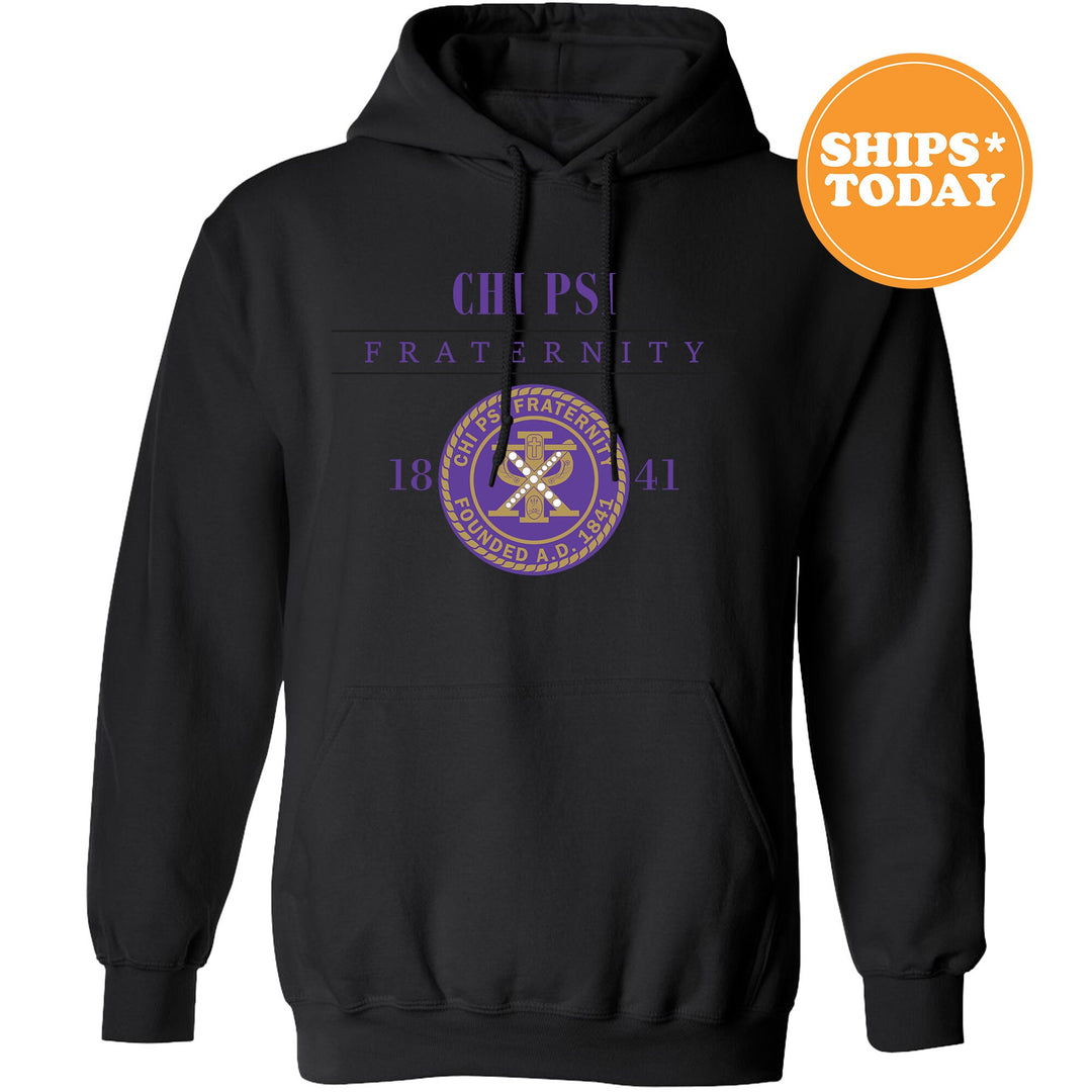 a black hoodie with a purple and gold seal on it