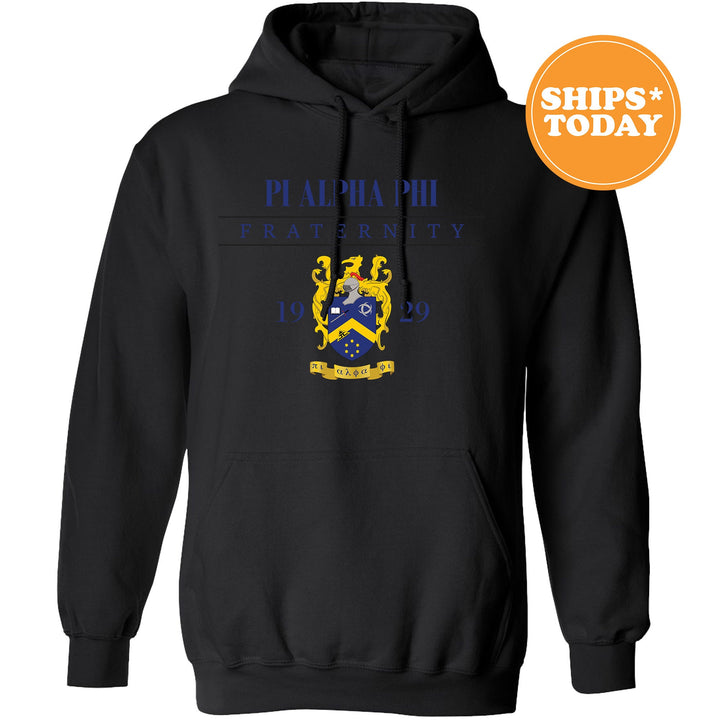 a black hoodie with a blue and yellow coat of arms