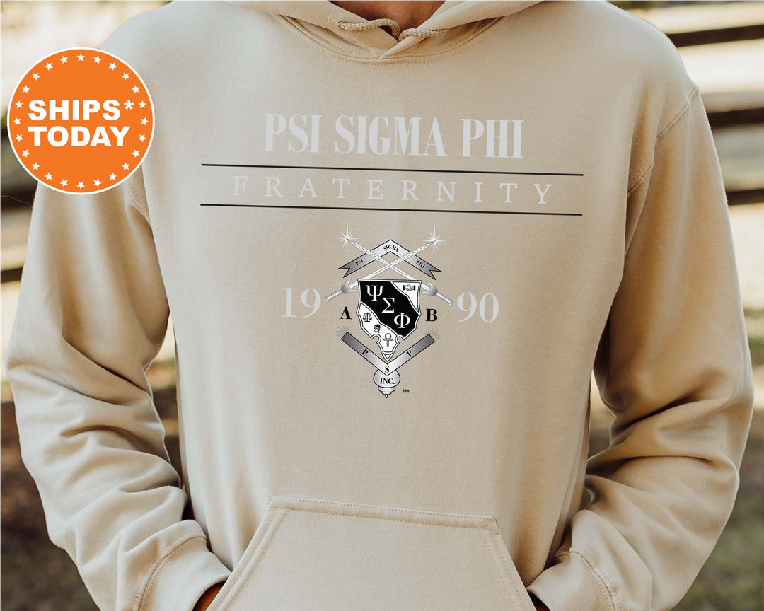 a person wearing a hoodie with the words psi sigma phi fraternity