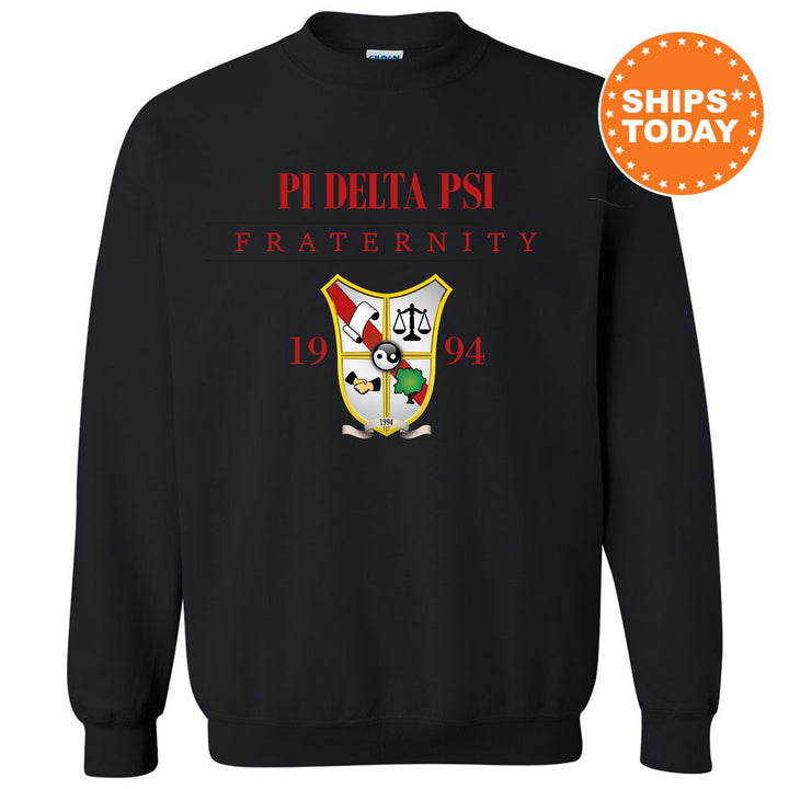 a black sweatshirt with the pi delta pi fraternity shield on it