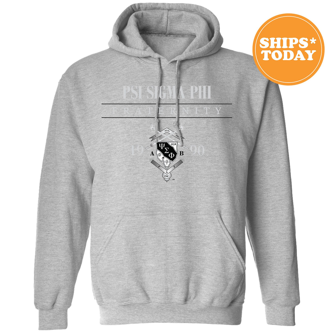 a grey hoodie with a black and white logo on it