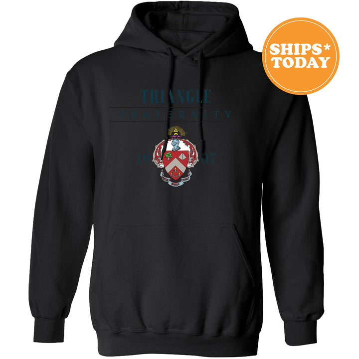 a black hoodie with a red, white and blue crest on it