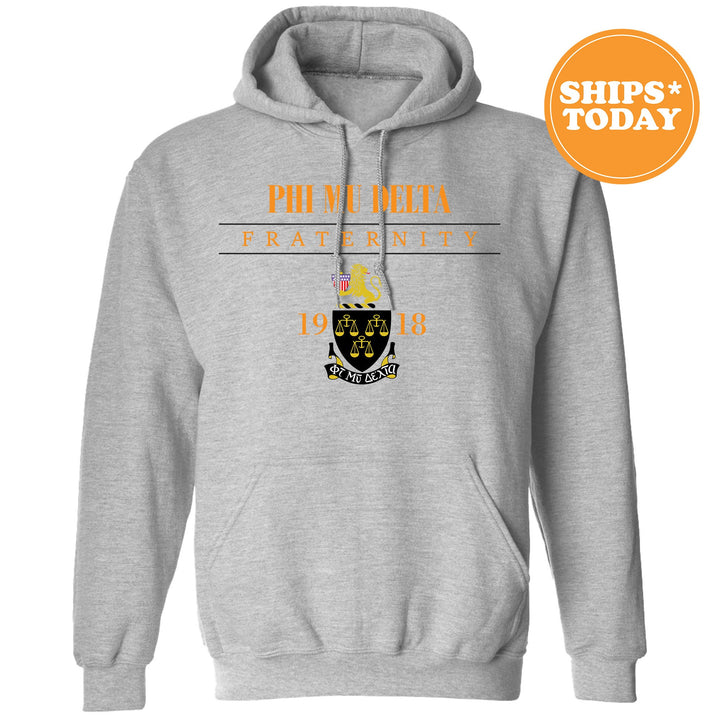 a grey hoodie with a yellow and black logo on it