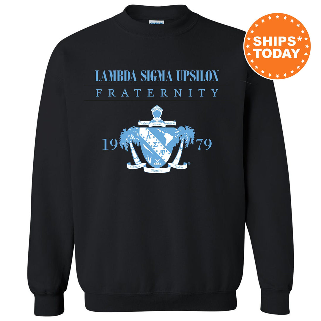 a black sweatshirt with a blue and white logo on it