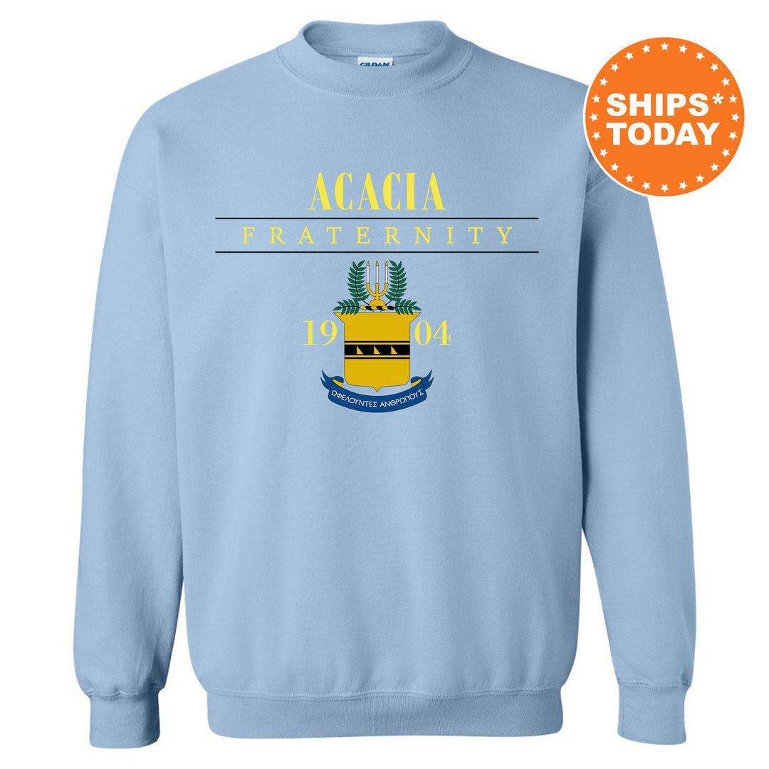 a light blue sweatshirt with a yellow and blue crest on it