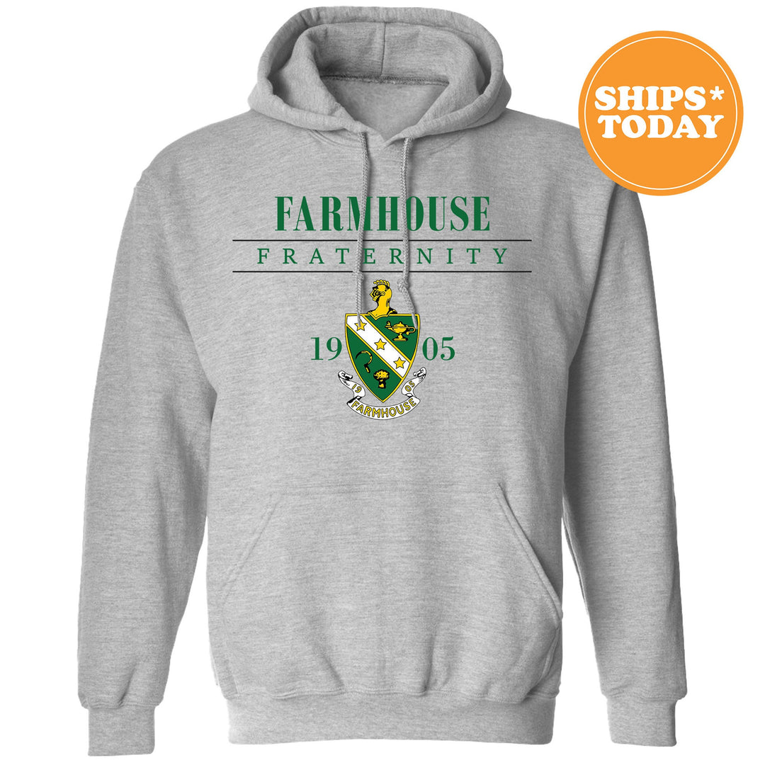a grey hoodie with a green and white logo