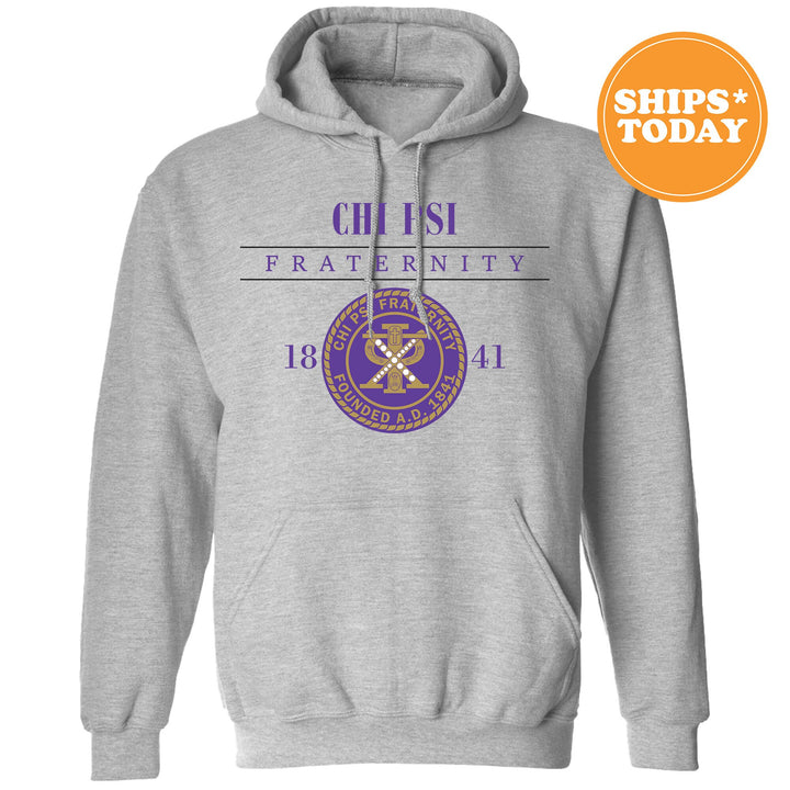 a grey hoodie with a purple and blue design on it