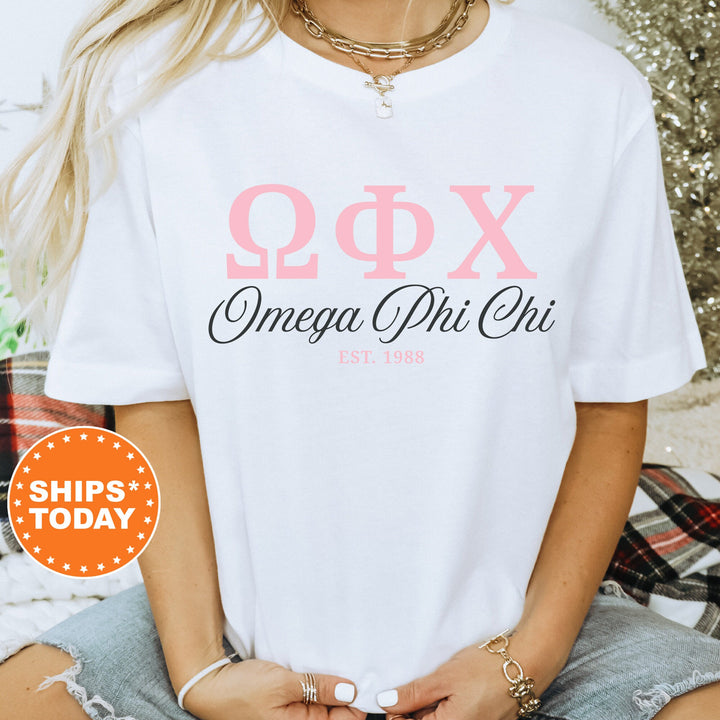 Omega Phi Chi Script Sisters Sorority T-Shirt | Omega Phi Chi Greek Letters Shirt | Comfort Colors Tee | Sorority Merch _ 14831g