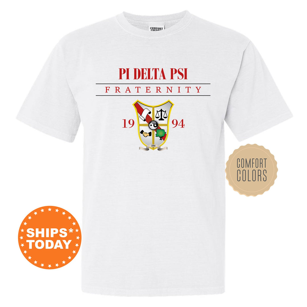 a white t - shirt with the pi delta pi fraternity logo on it