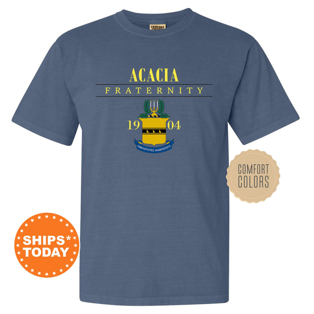 a blue t - shirt with the words acacia fraternity on it