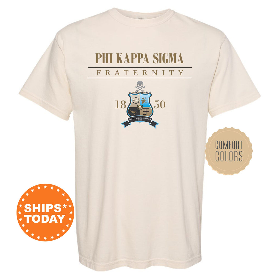 a white t - shirt with the phi kapppa sima fraternity seal on