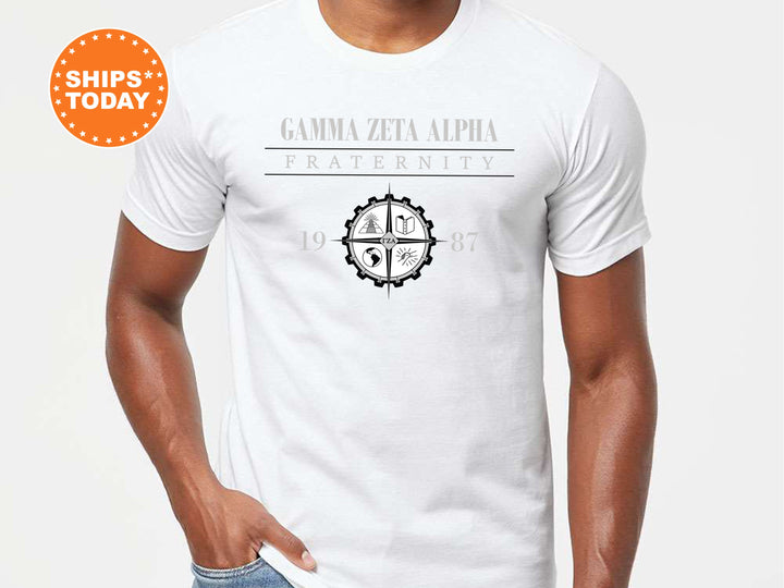 a man wearing a white t - shirt with the words gama zeta al