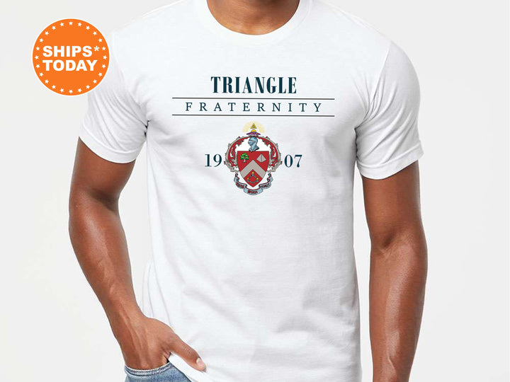 a man wearing a white triangle fraternity t - shirt